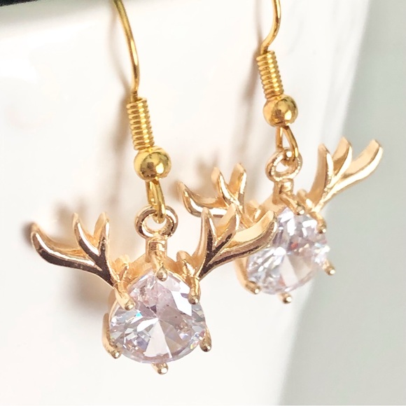 New Rhinestone Crystal Deer Stag Reindeer 18k gold plated hooks Sparkle Earrings - Picture 7 of 9